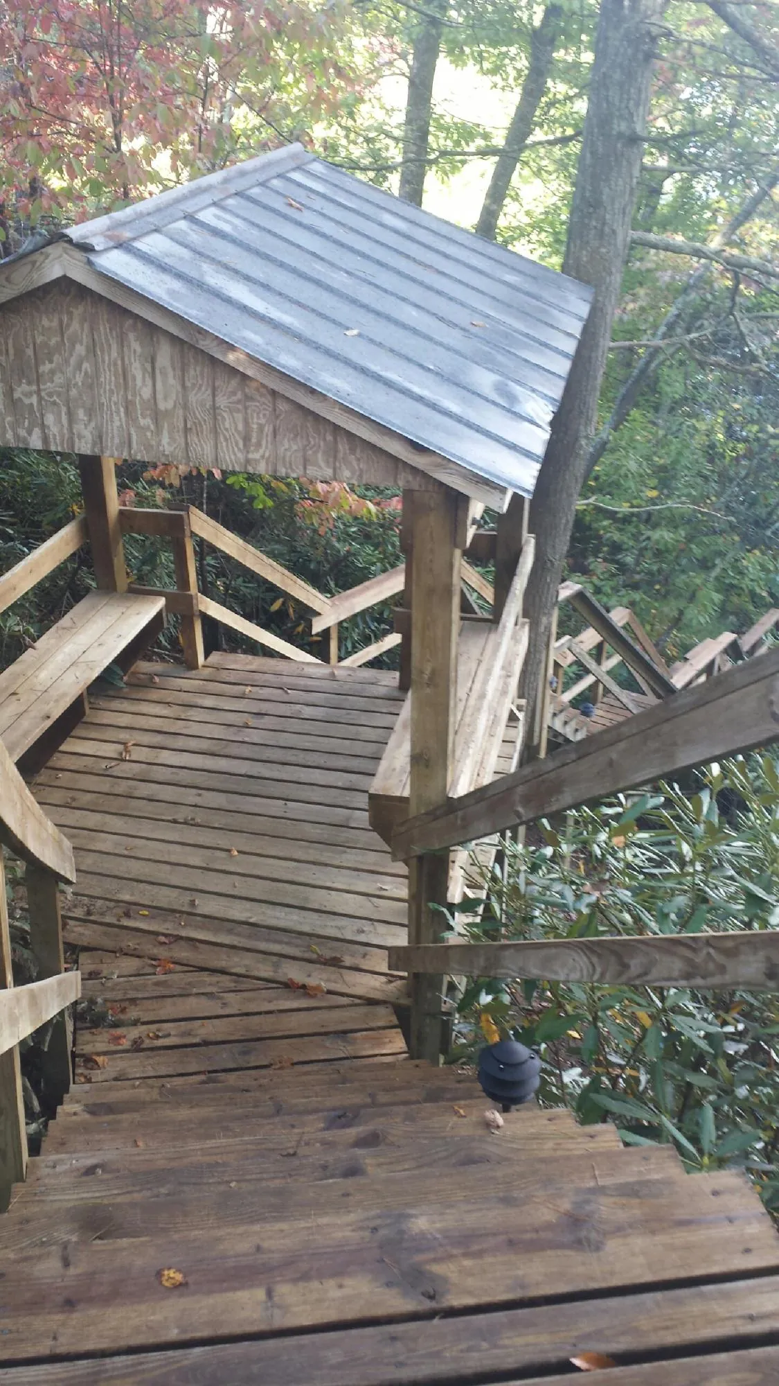 Metal roofed shelter over wooden steps on a wooded walkway — Skylight Repair & Installation work by our crew in Flower Mound